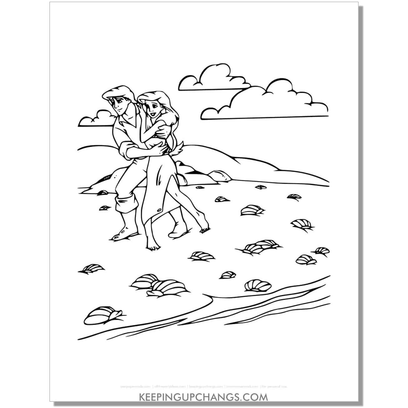 little mermaid ariel as human on land with prince eric coloring page, sheet.