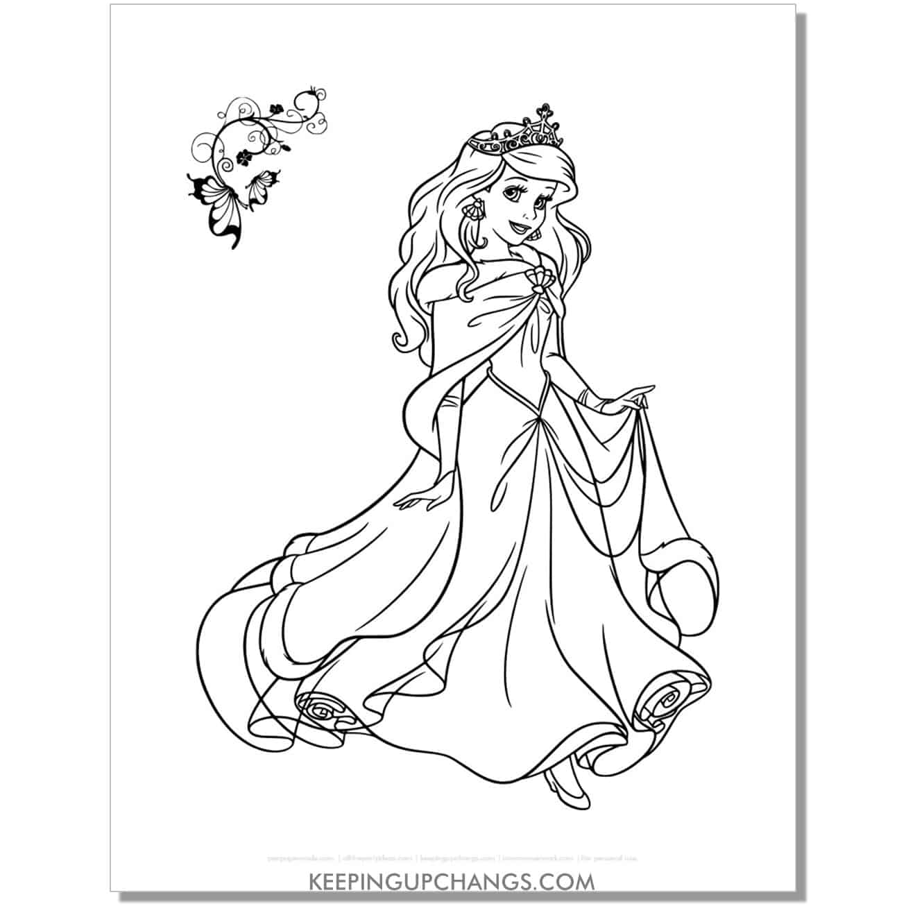 little mermaid ariel in princess tiara and gown dress coloring page, sheet.