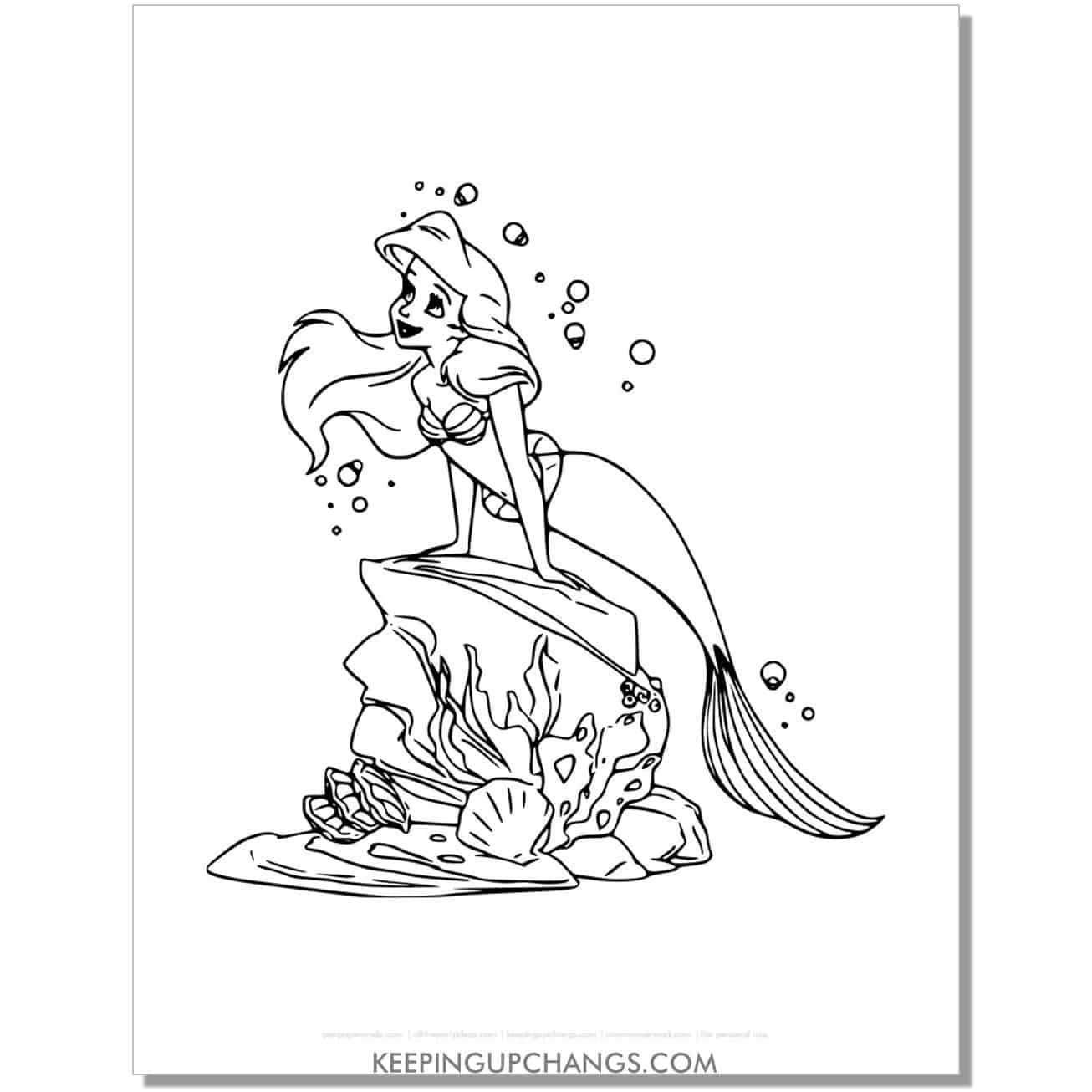 little mermaid ariel sitting on rock underwater coloring page, sheet.