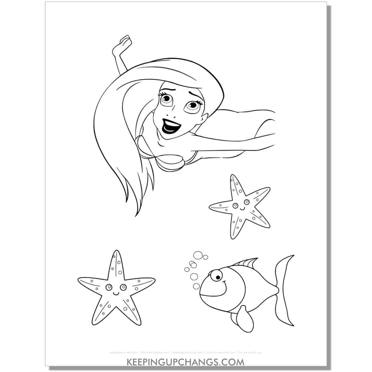 little mermaid ariel hand drawing with fish, sea star coloring page, sheet.