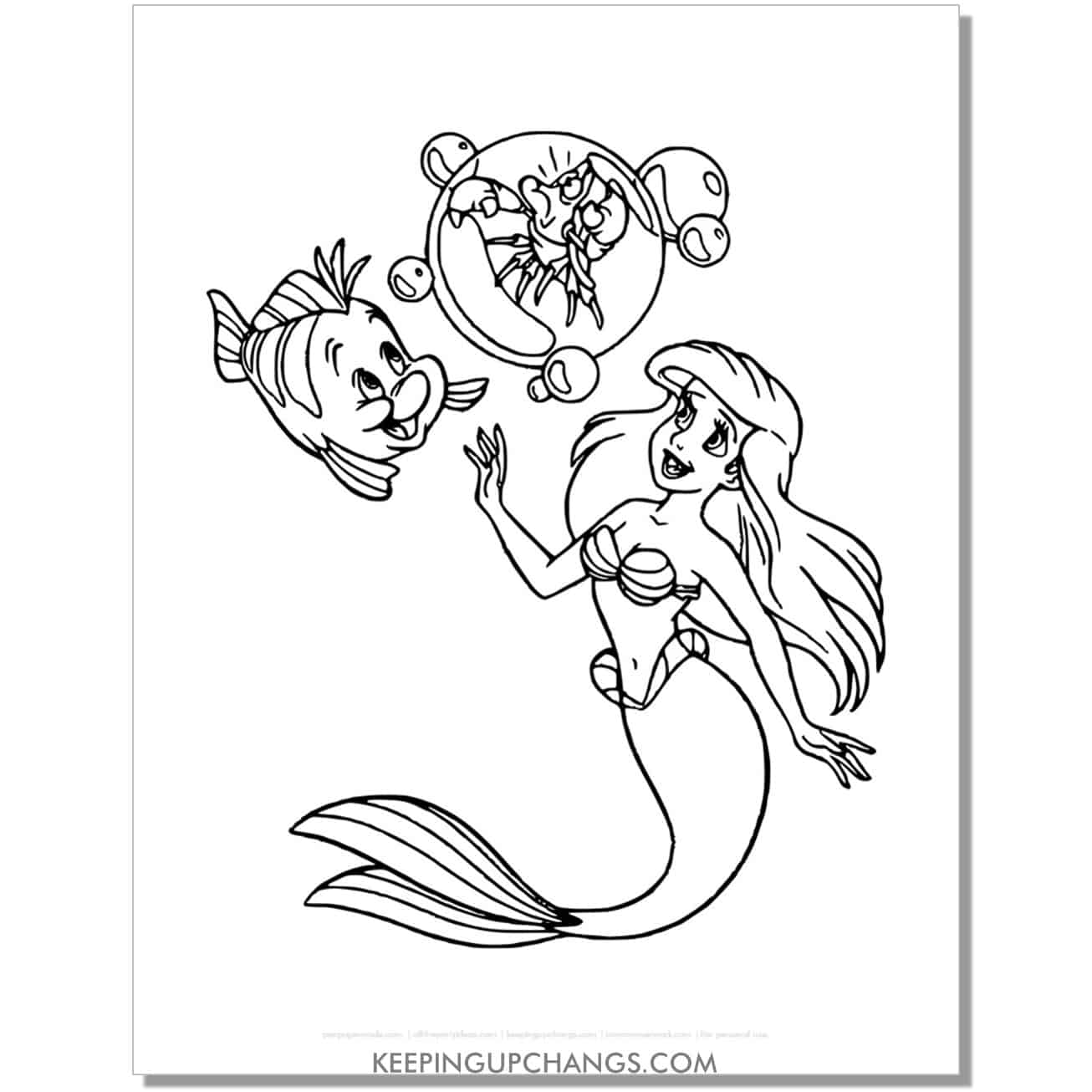 little mermaid ariel, flounder, and sebastian in bubble coloring page, sheet.