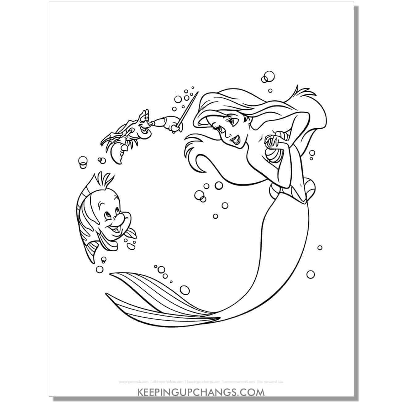 little mermaid ariel swimming in ring with sebastian, flounder coloring page, sheet.