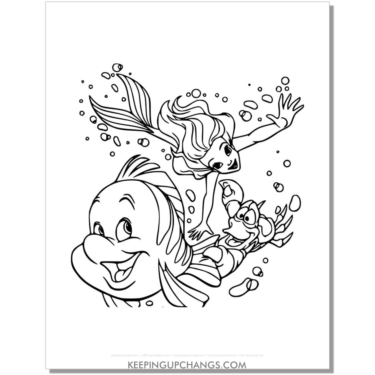 little mermaid ariel swimming with flounder, sebastian coloring page, sheet.