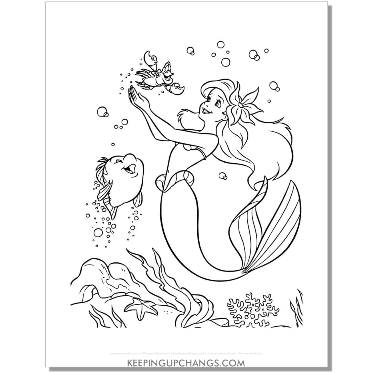 little mermaid ariel, flounder and sebastian coloring page, sheet.