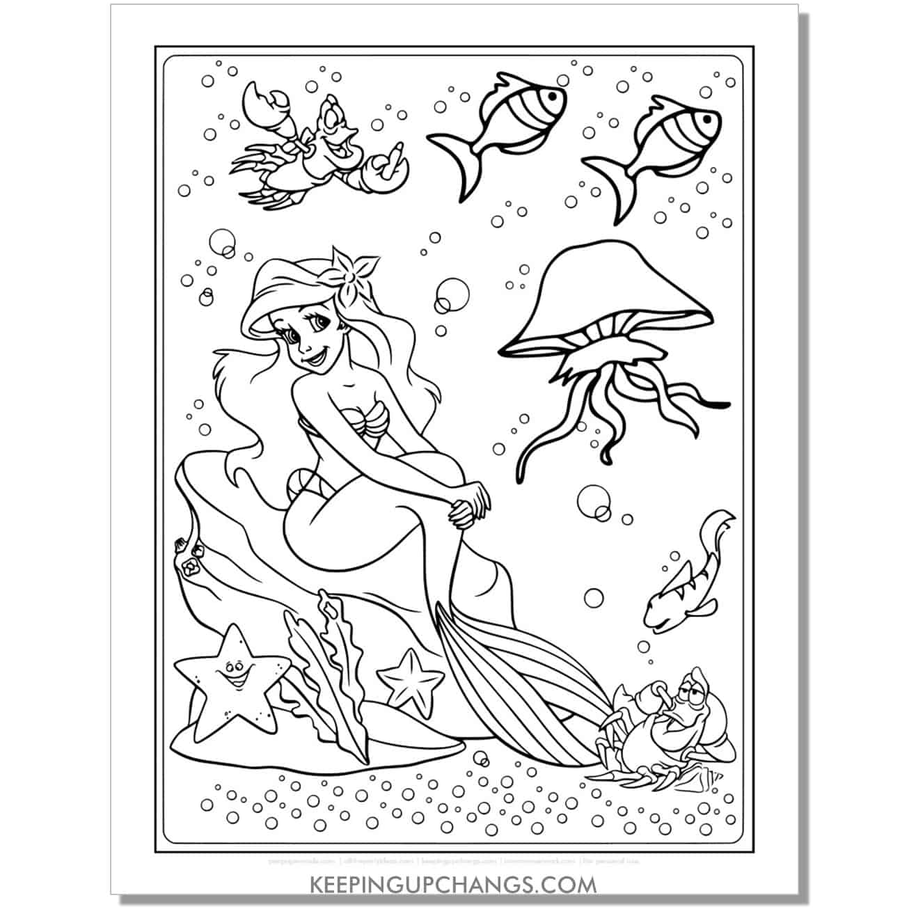 little mermaid ariel with sebastian, fish, jellyfish coloring page, sheet.