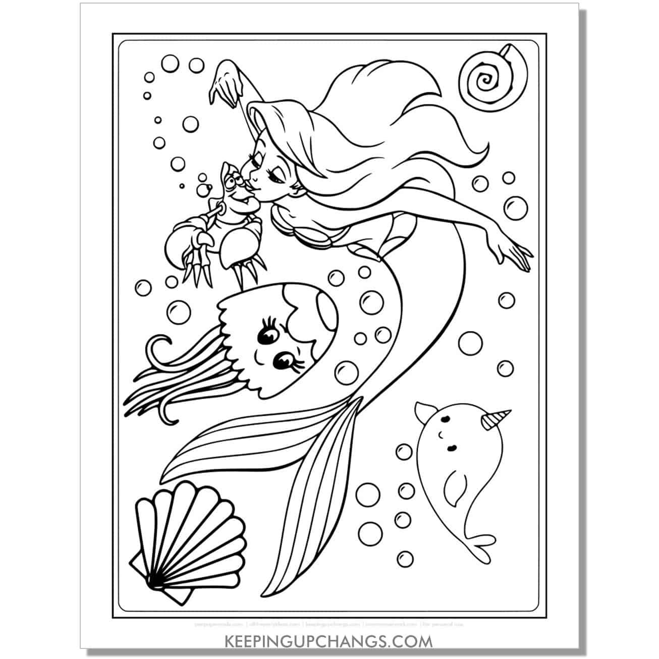 little mermaid ariel kissing sebastian coloring page, sheet.