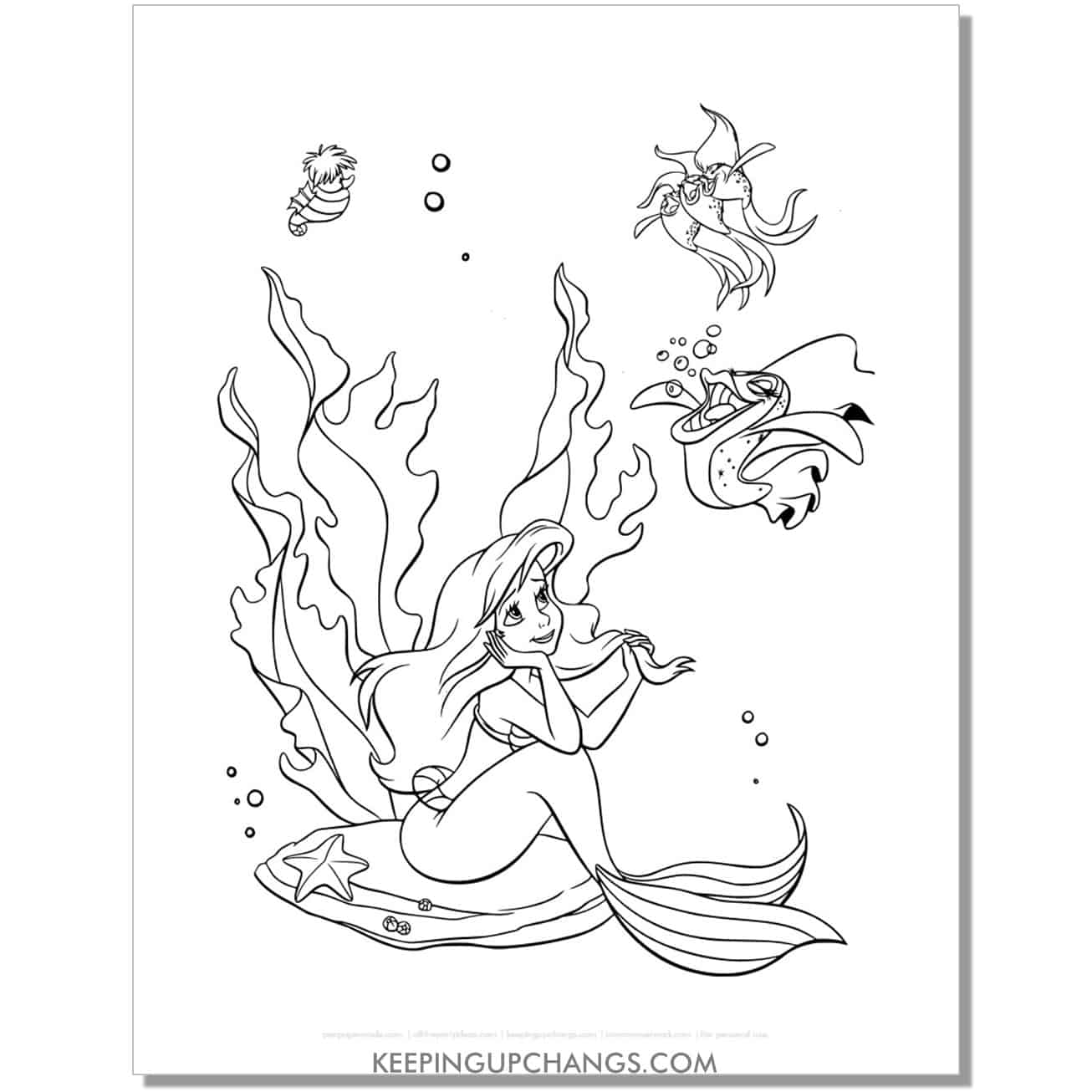little mermaid ariel with singing fish coloring page, sheet