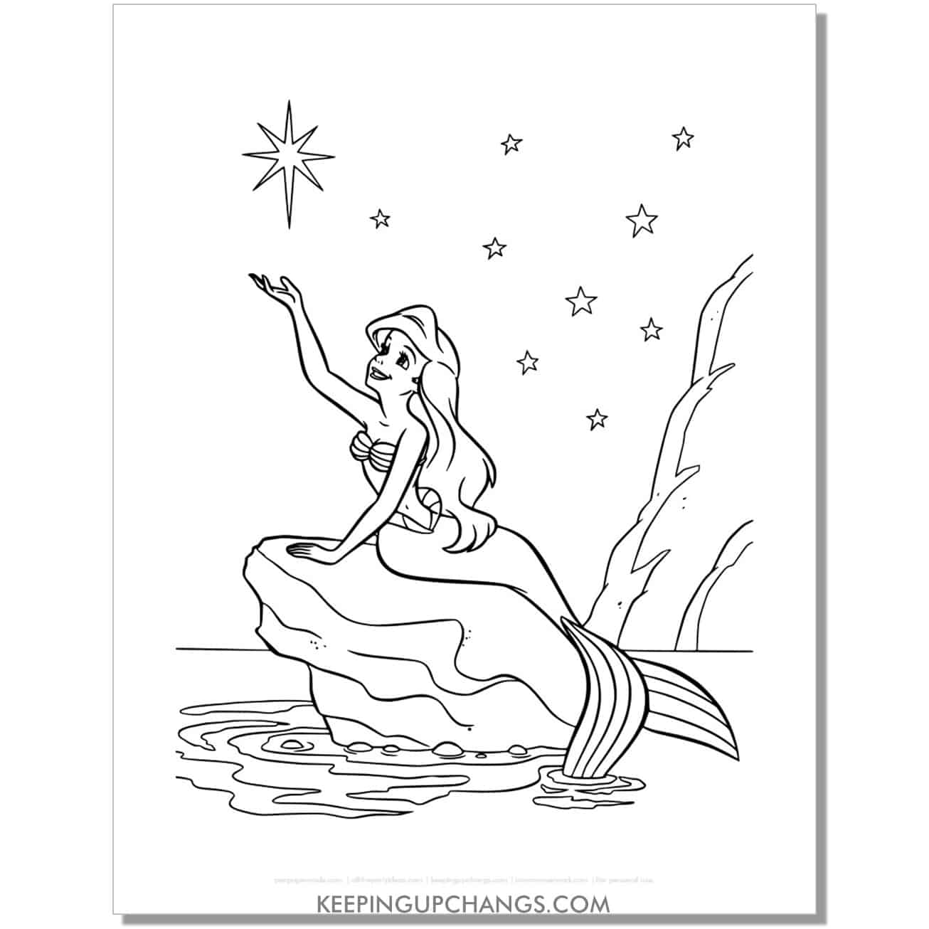little mermaid ariel reaching for stars coloring page, sheet.