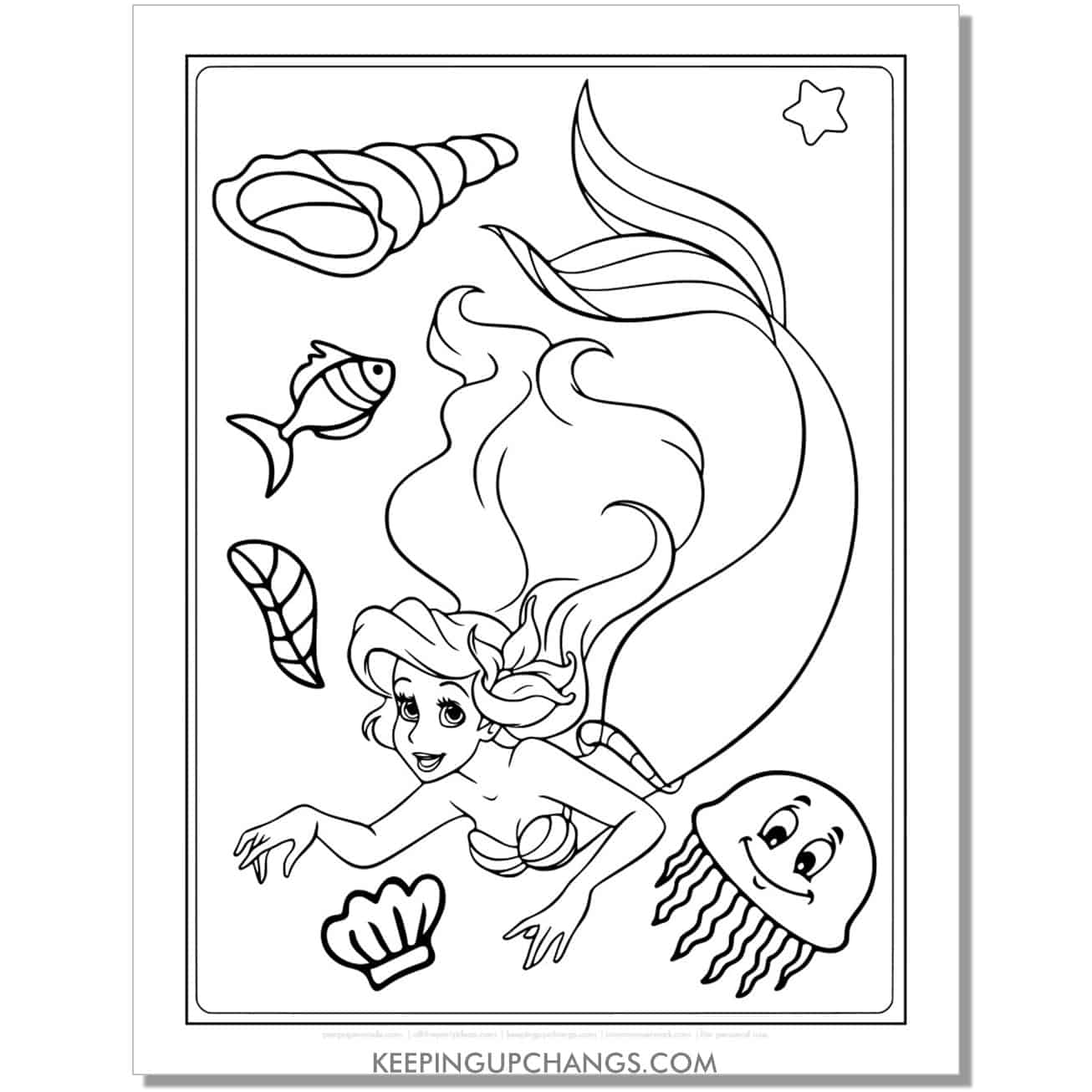 little mermaid ariel swimming with jellyfish coloring page, sheet.