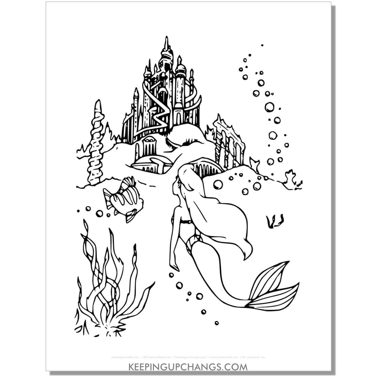 little mermaid ariel in underwater world coloring page, sheet.