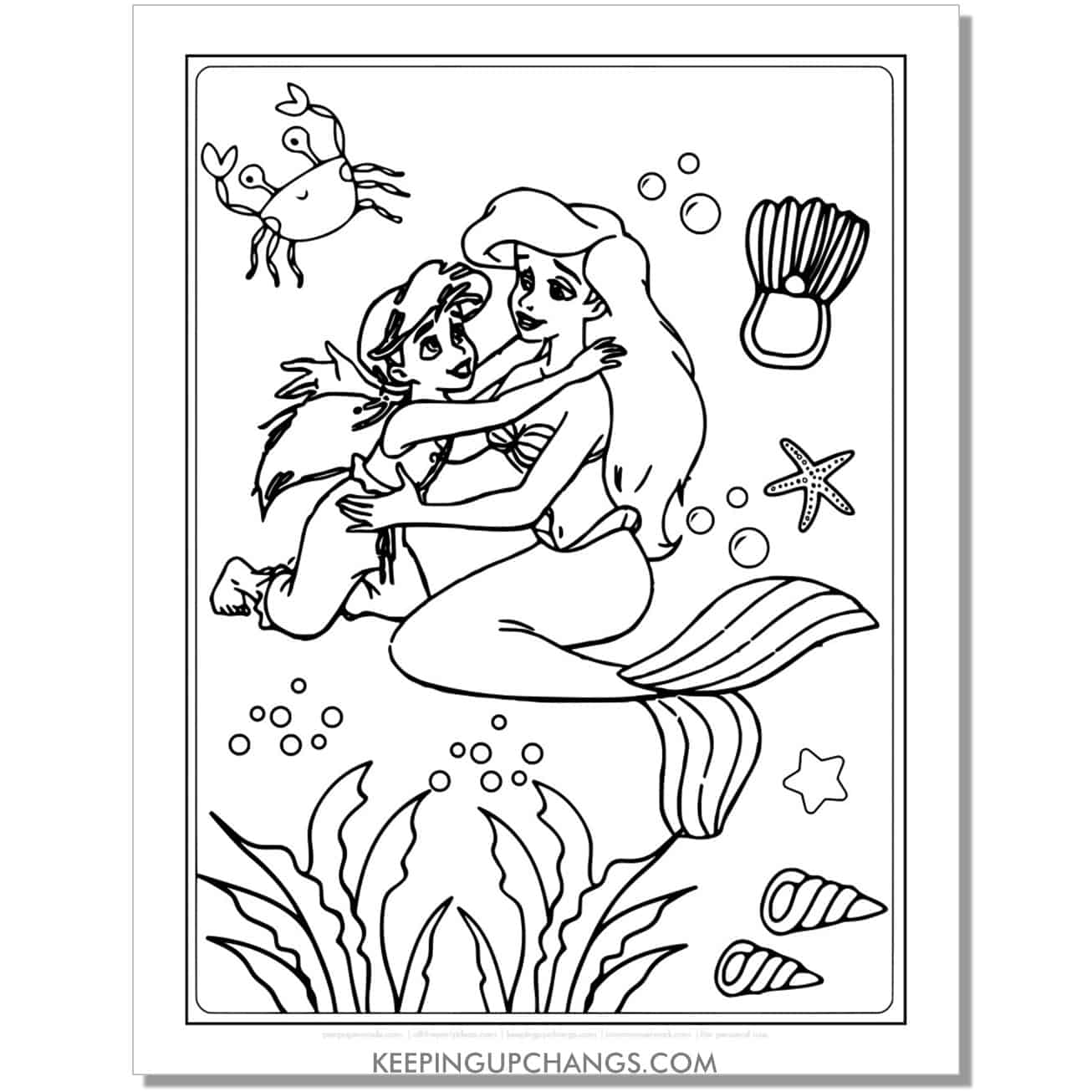 little mermaid ariel hugging urchin the merman coloring page, sheet.
