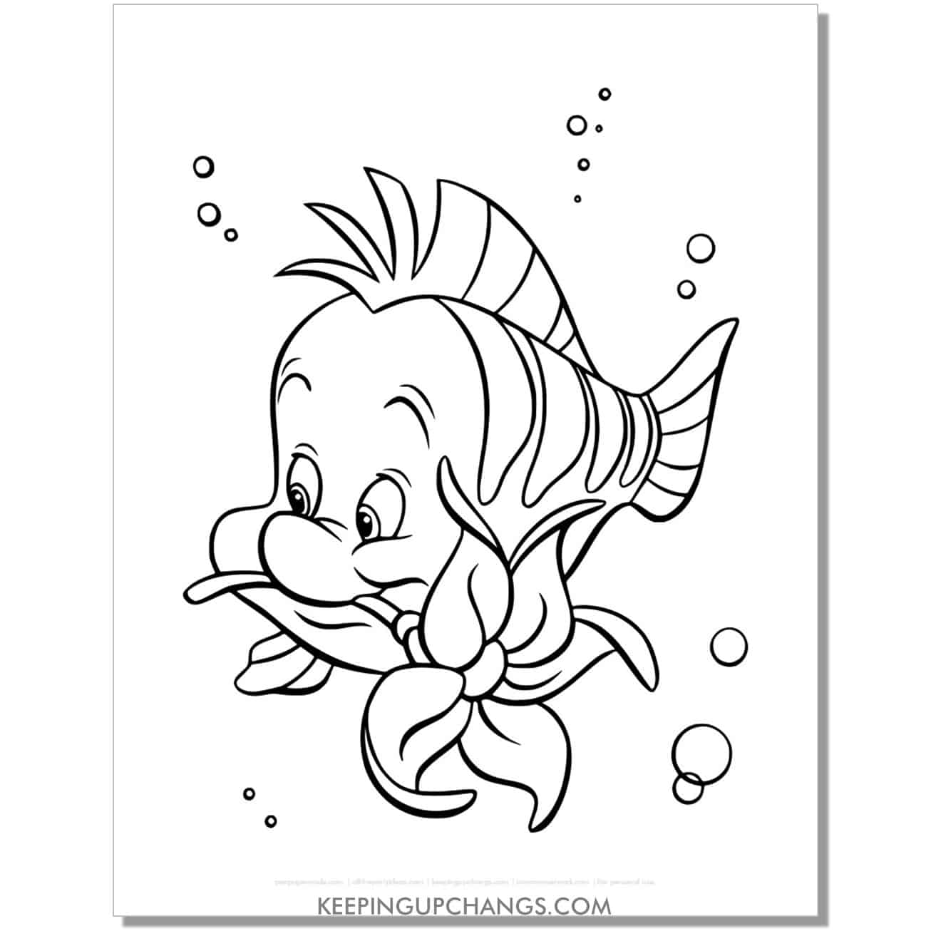 little mermaid flounder with flower coloring page, sheet.