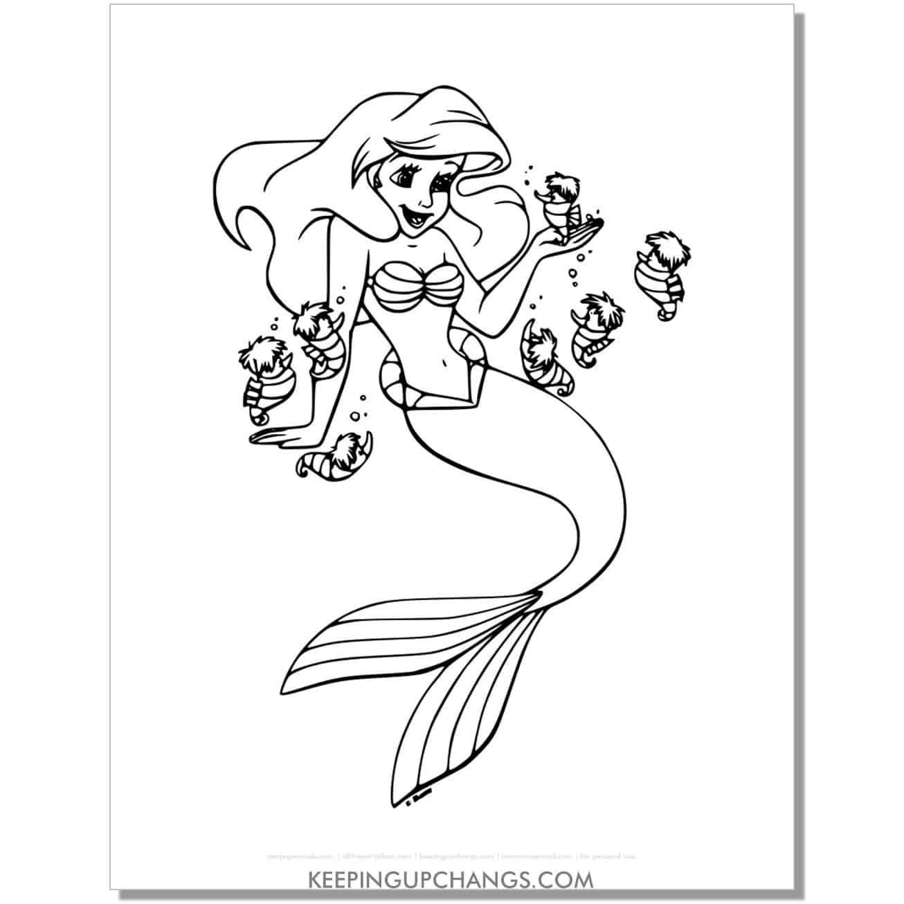 little mermaid ariel with seahorses coloring page, sheet.