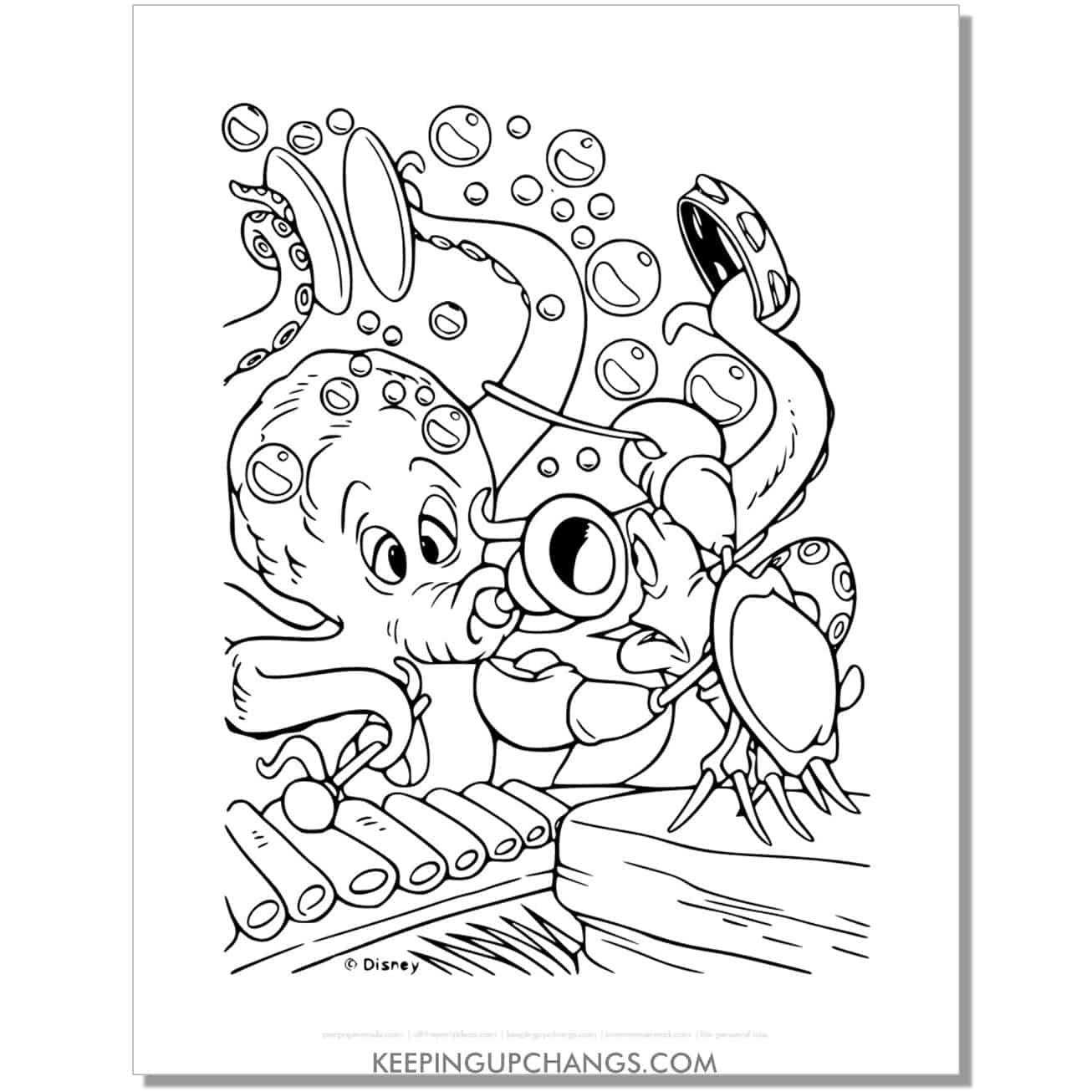 little mermaid sebastian with octopus symphony coloring page, sheet.