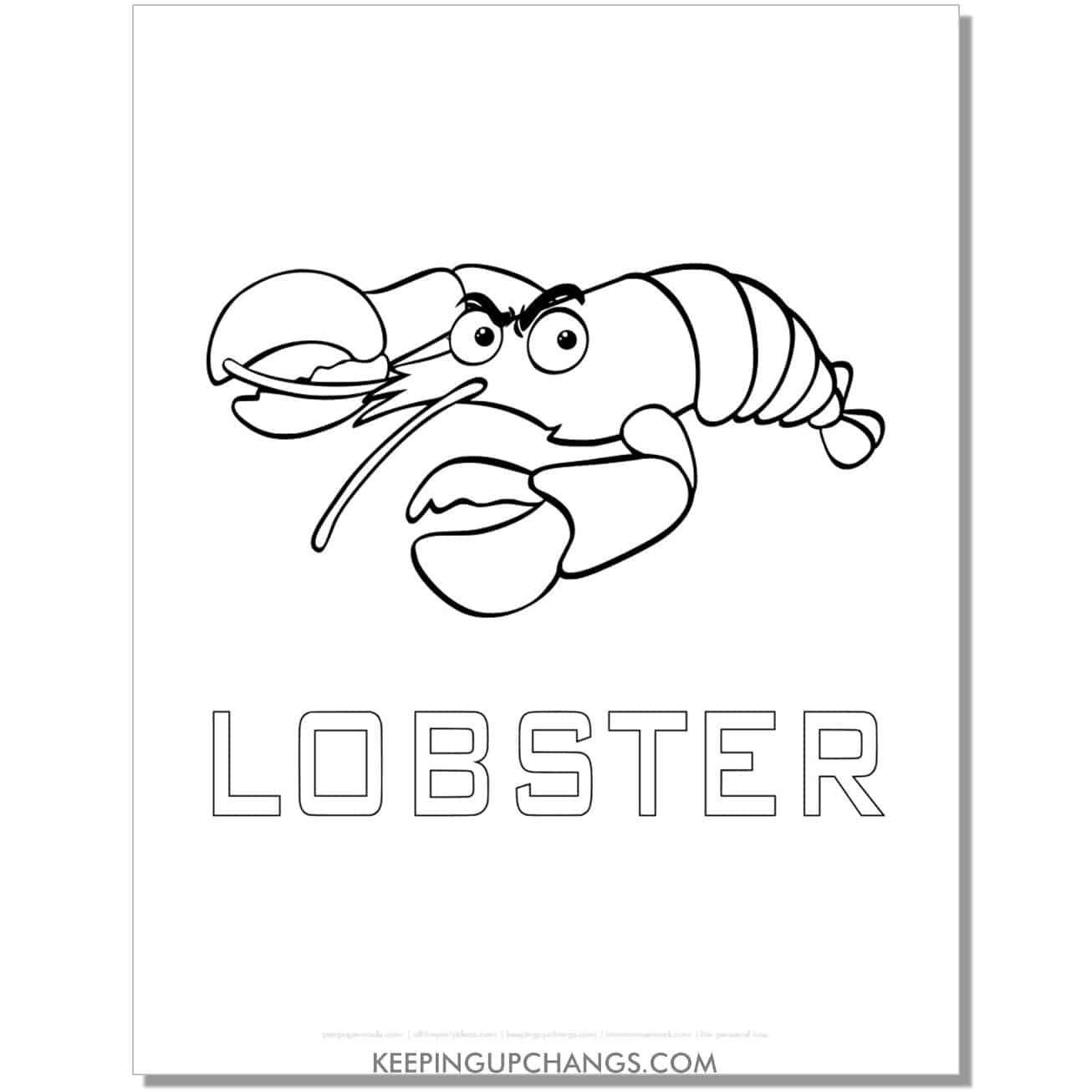 free lobster with word coloring page, sheet.
