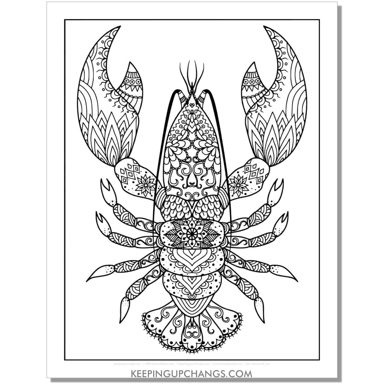 free lobster mandala zentangle coloring page, sheet.