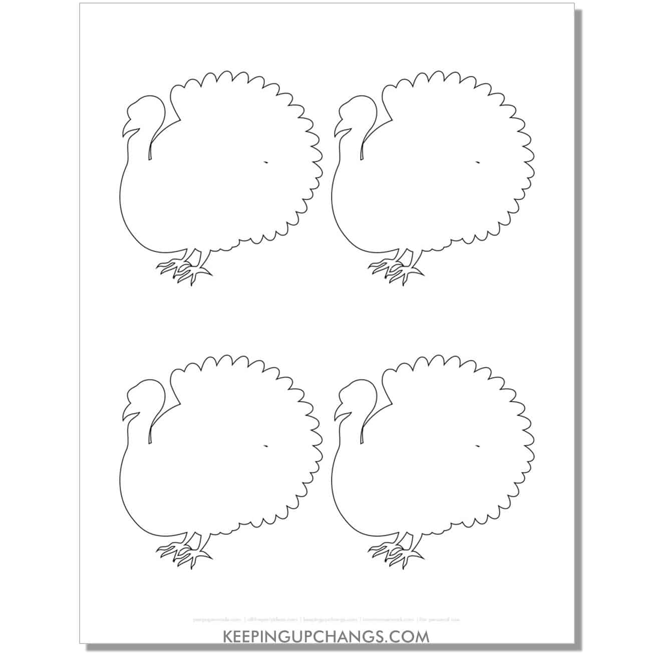 medium simple outline turkey template, 4 on a page.