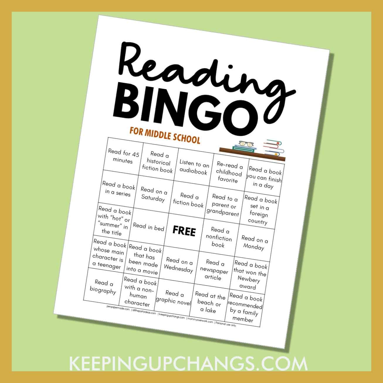 middle school reading bingo challenge with fun ways to enjoy reading.
