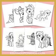 my little pony colouring sheets including rainbow dash, rarity, twilight sparkle, apple jack and more.