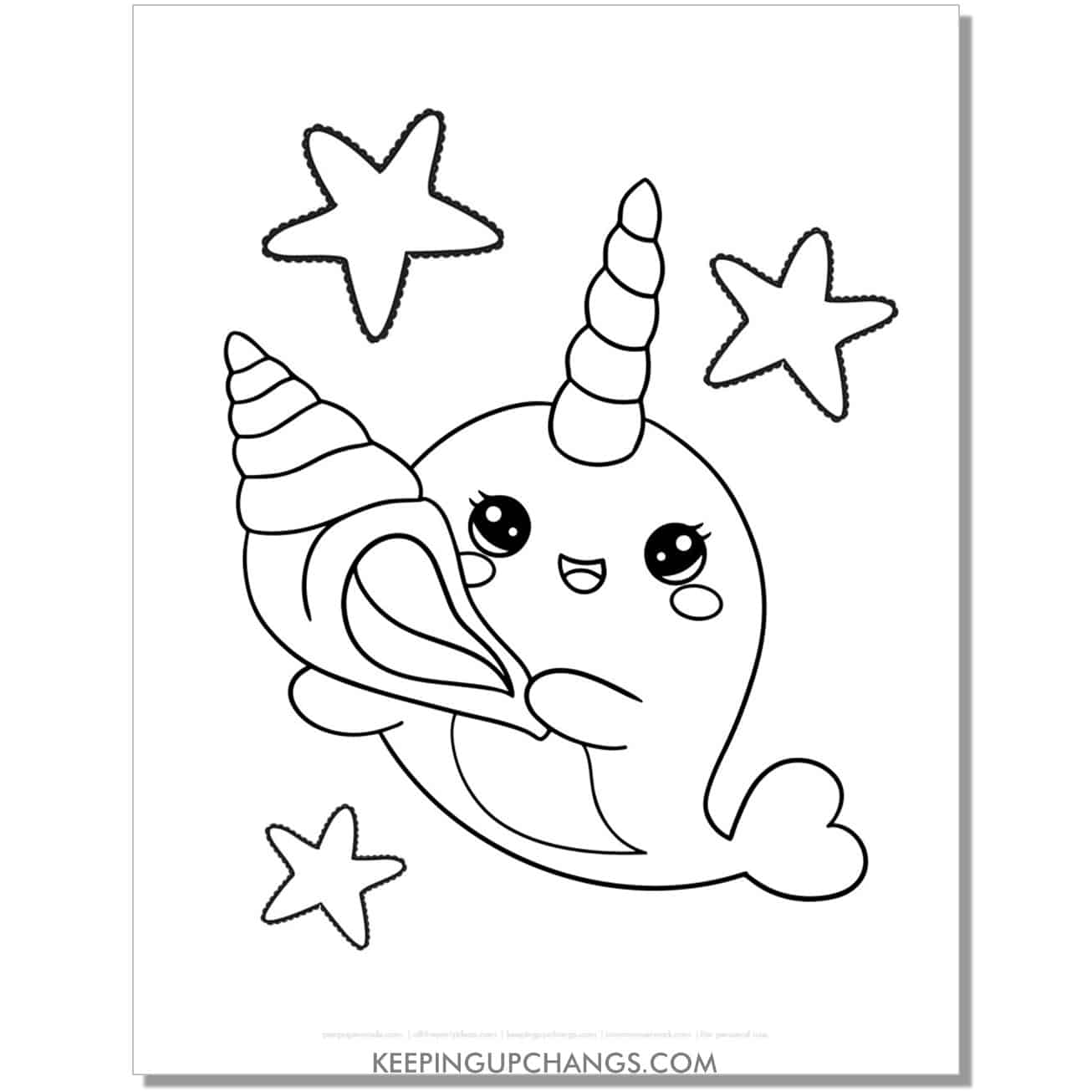 free adorable narwhal holding seashell coloring page, sheet.