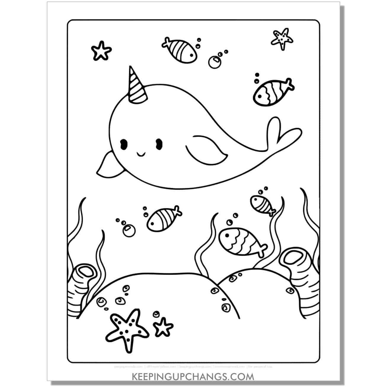 free adorable narwhal coloring page, sheet with fish.