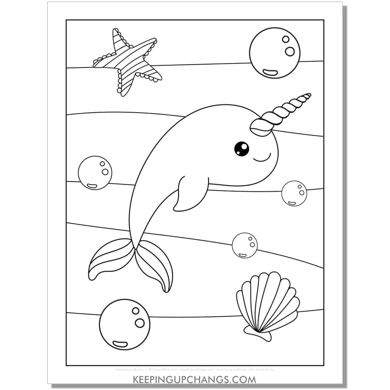 free cute narwhal coloring page, sheet with bubbles, seashells.