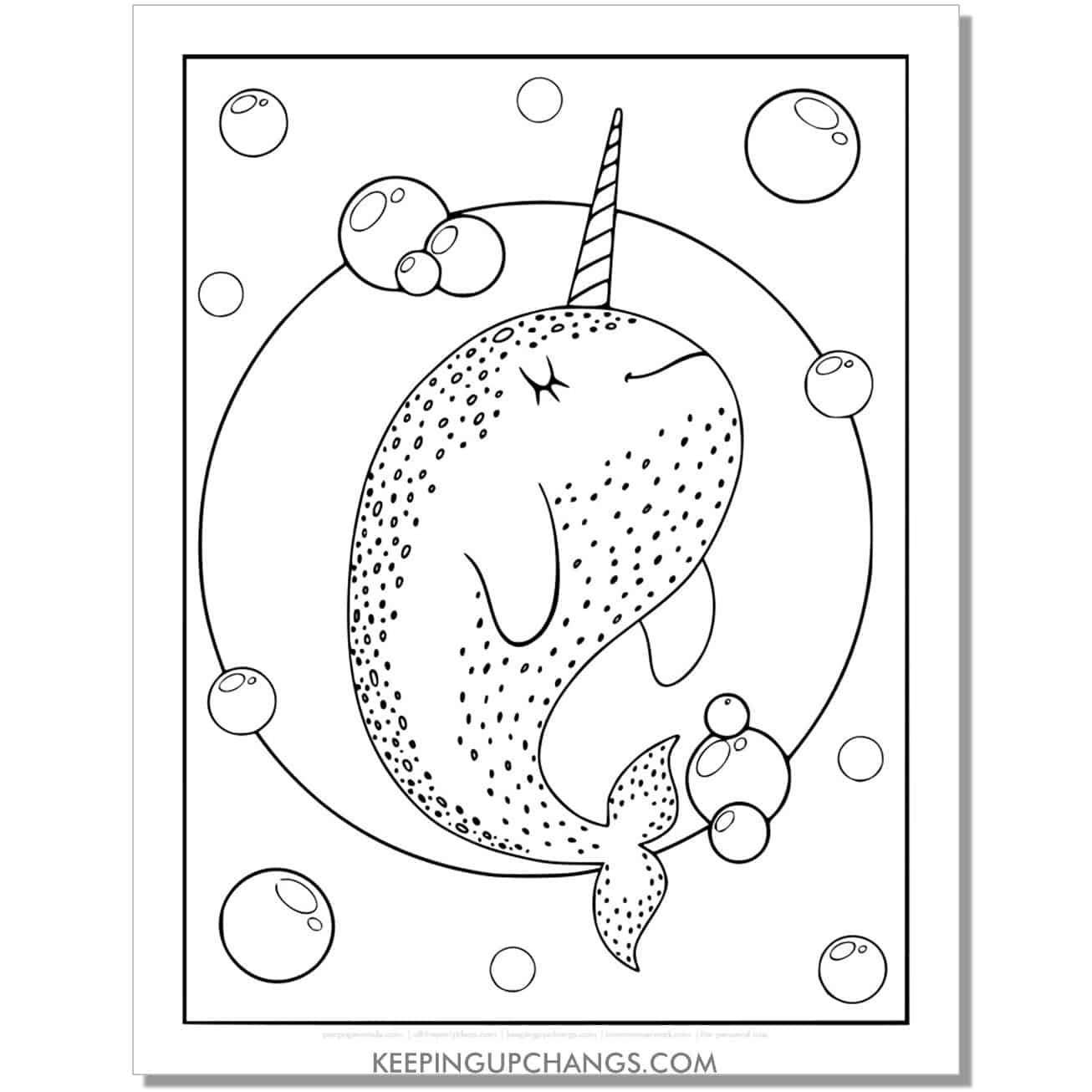 free full size narwhal coloring page, sheet for kids.