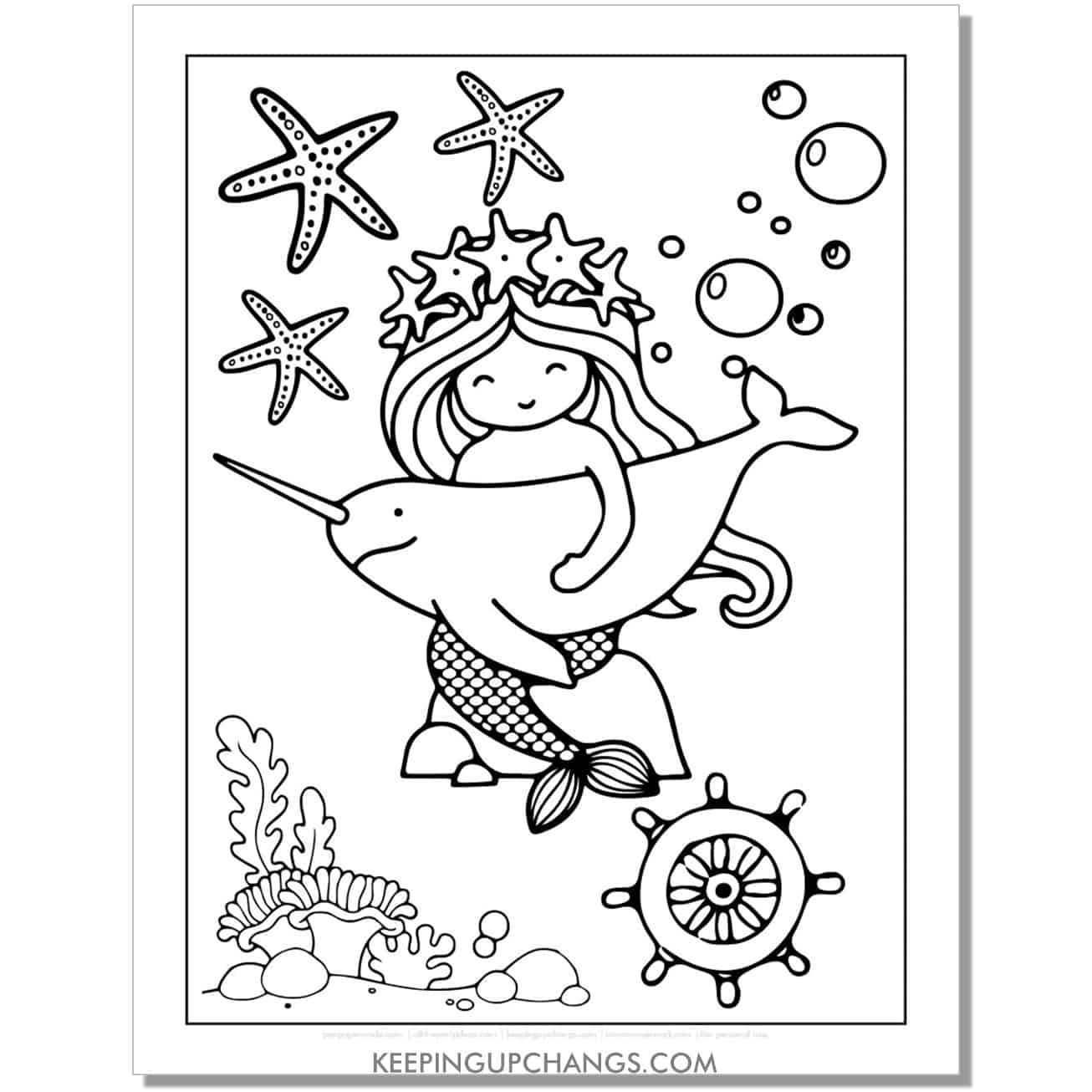 free hand drawn mermaid with narwhal, star fish coloring page, sheet.