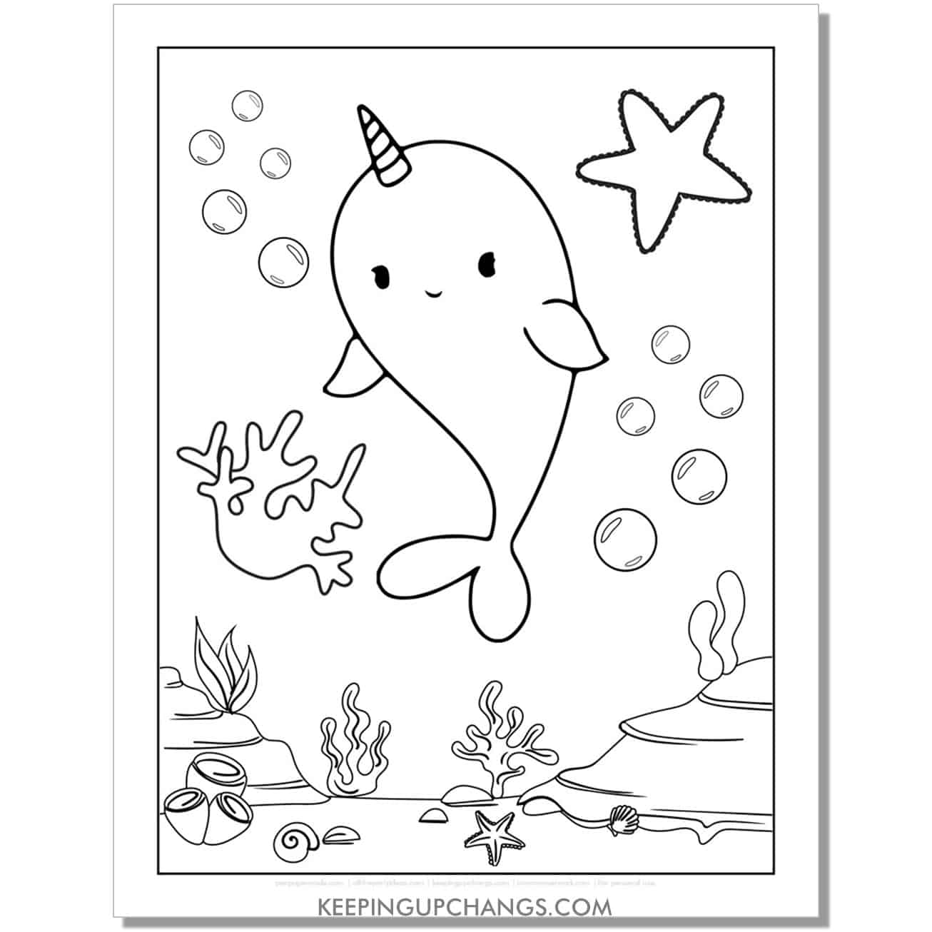 free cute narwhal in ocean coloring page, sheet.