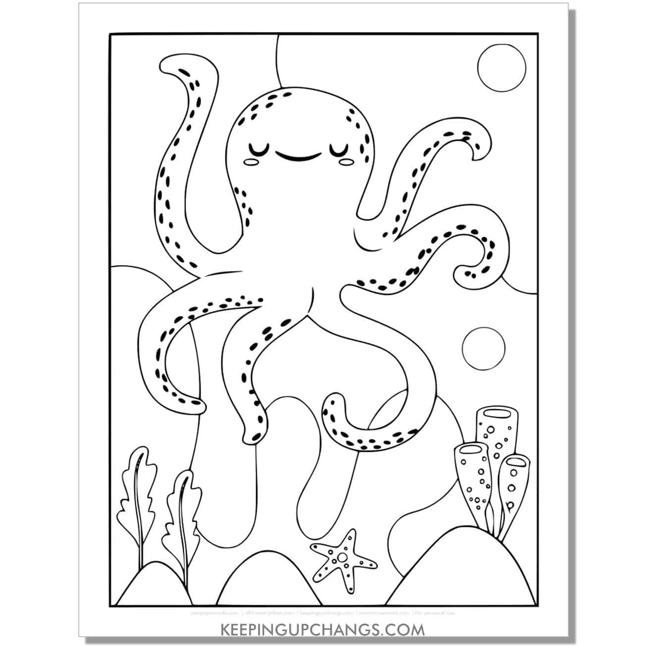 free full size octopus coloring page, sheet with abstract background.