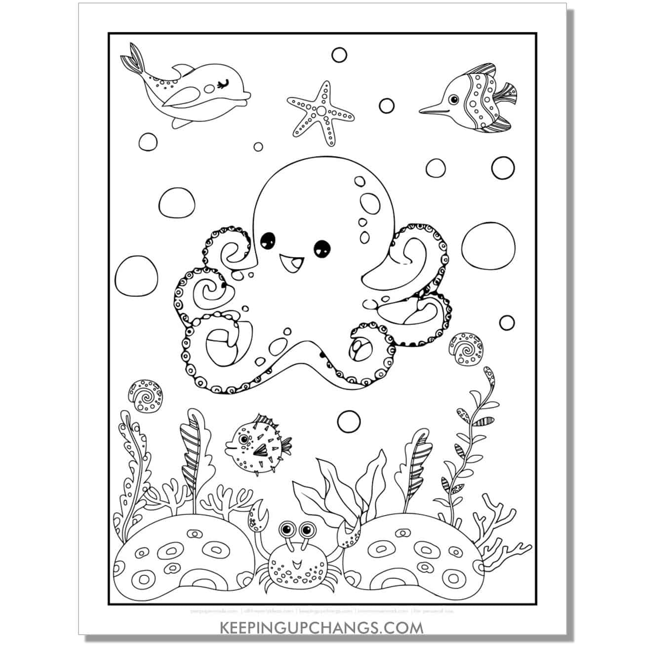 free adorable octopus coloring page, sheet with dolphin, crab, fish, sea star.