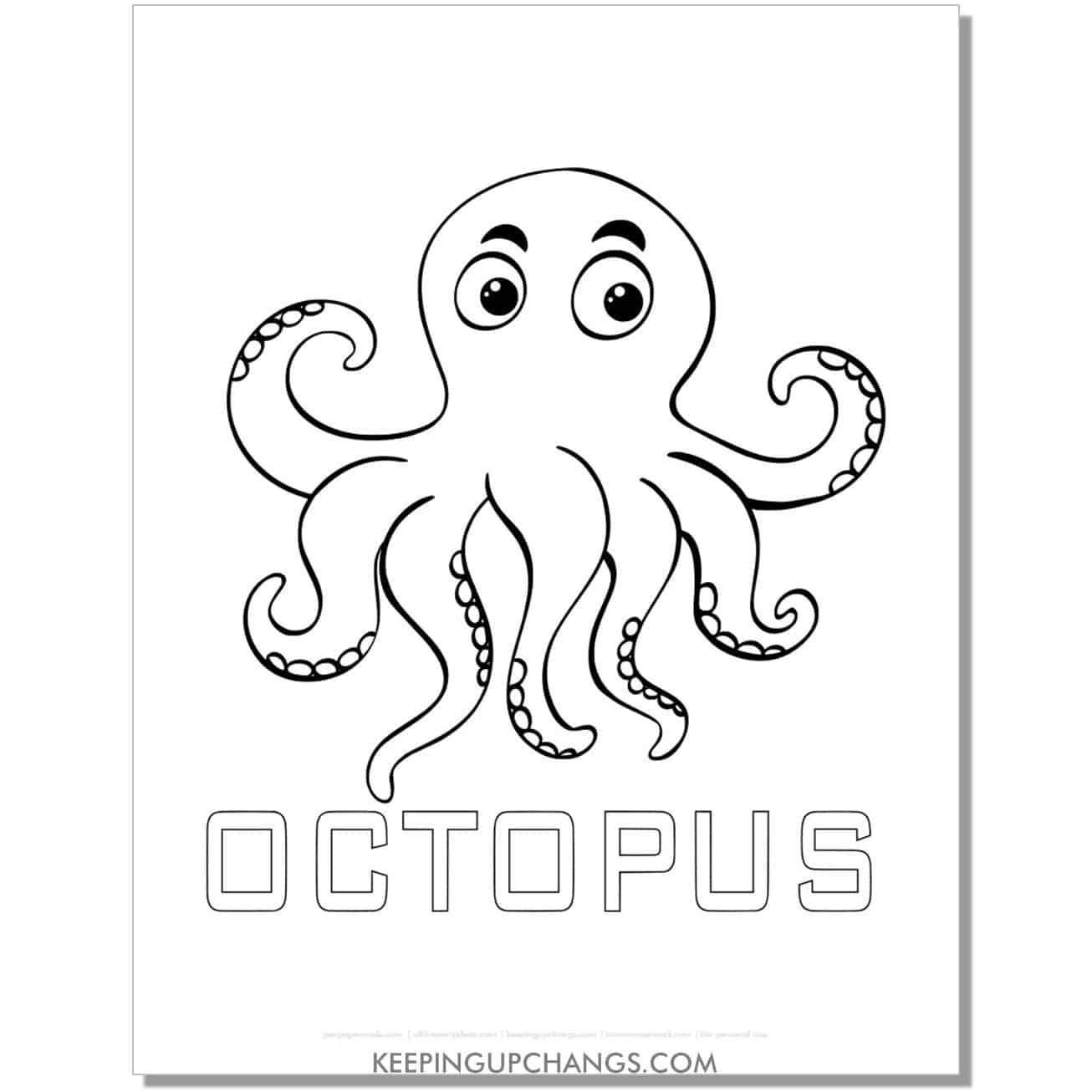 free funny octopus with word coloring page, sheet.