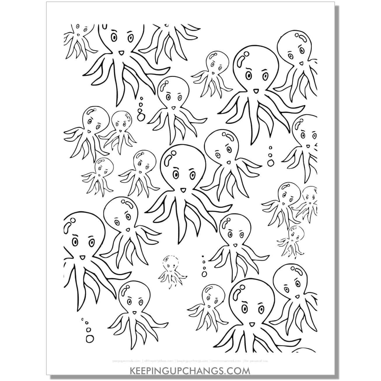 free cartoon octopus collage coloring page, sheet.