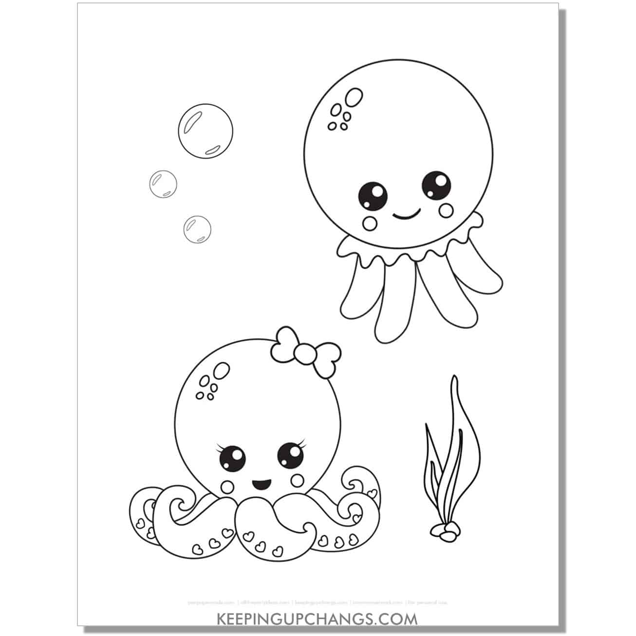free kawaii boy girl octopus coloring page, sheet.