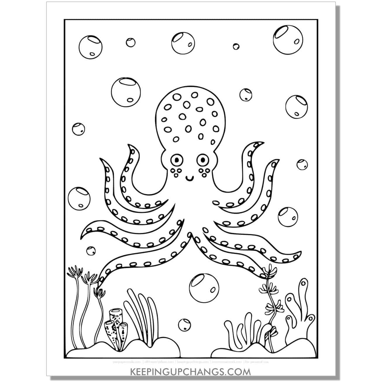 free full size octopus coloring page, sheet for kindergarten.