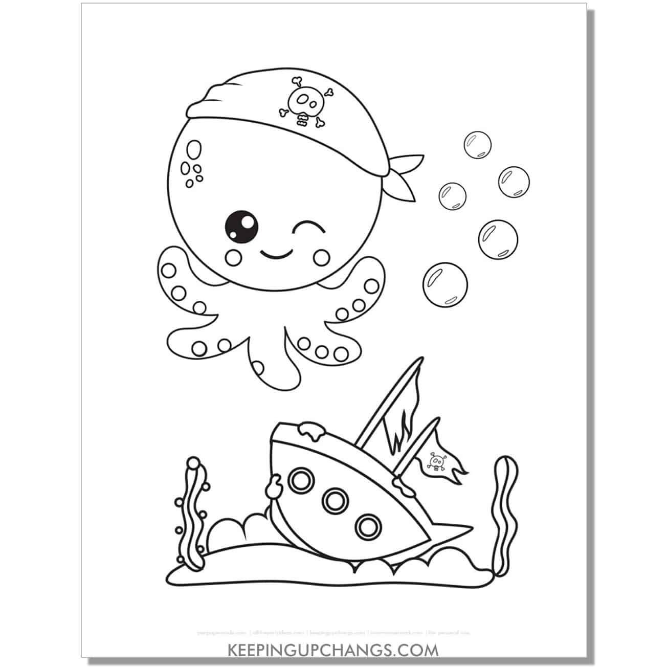 free cute pirate octopus coloring page, sheet.