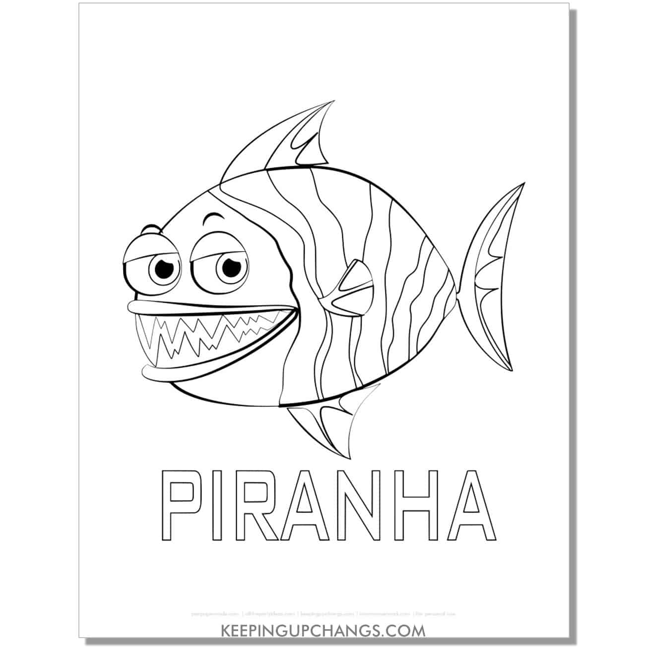 free cartoon piranha fish coloring page, sheet.