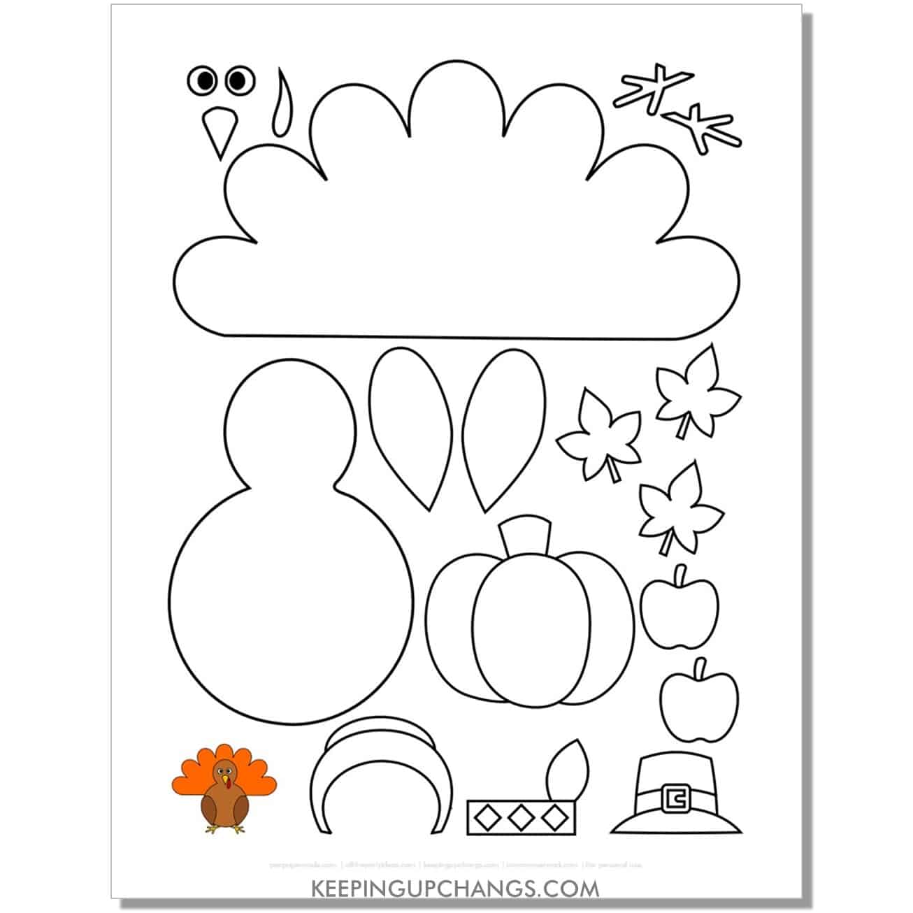 easy build a turkey template for preschool with feathers, body, hat, accessories in black, white.