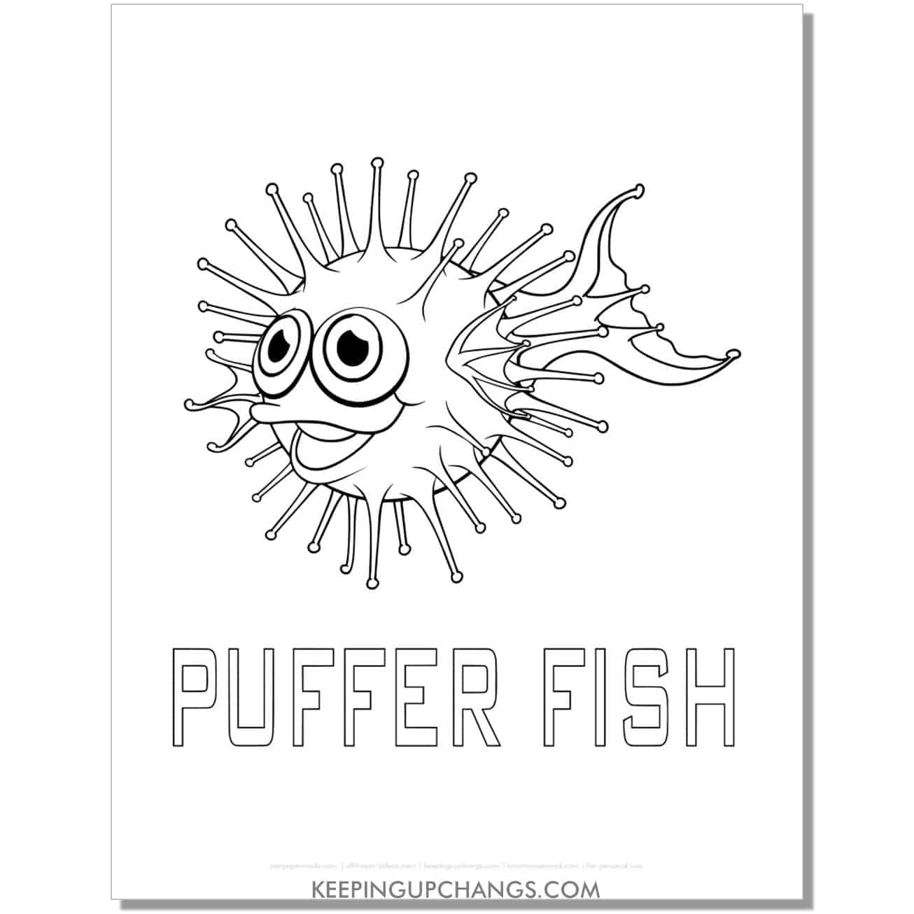 free funny pufferfish coloring page, sheet.