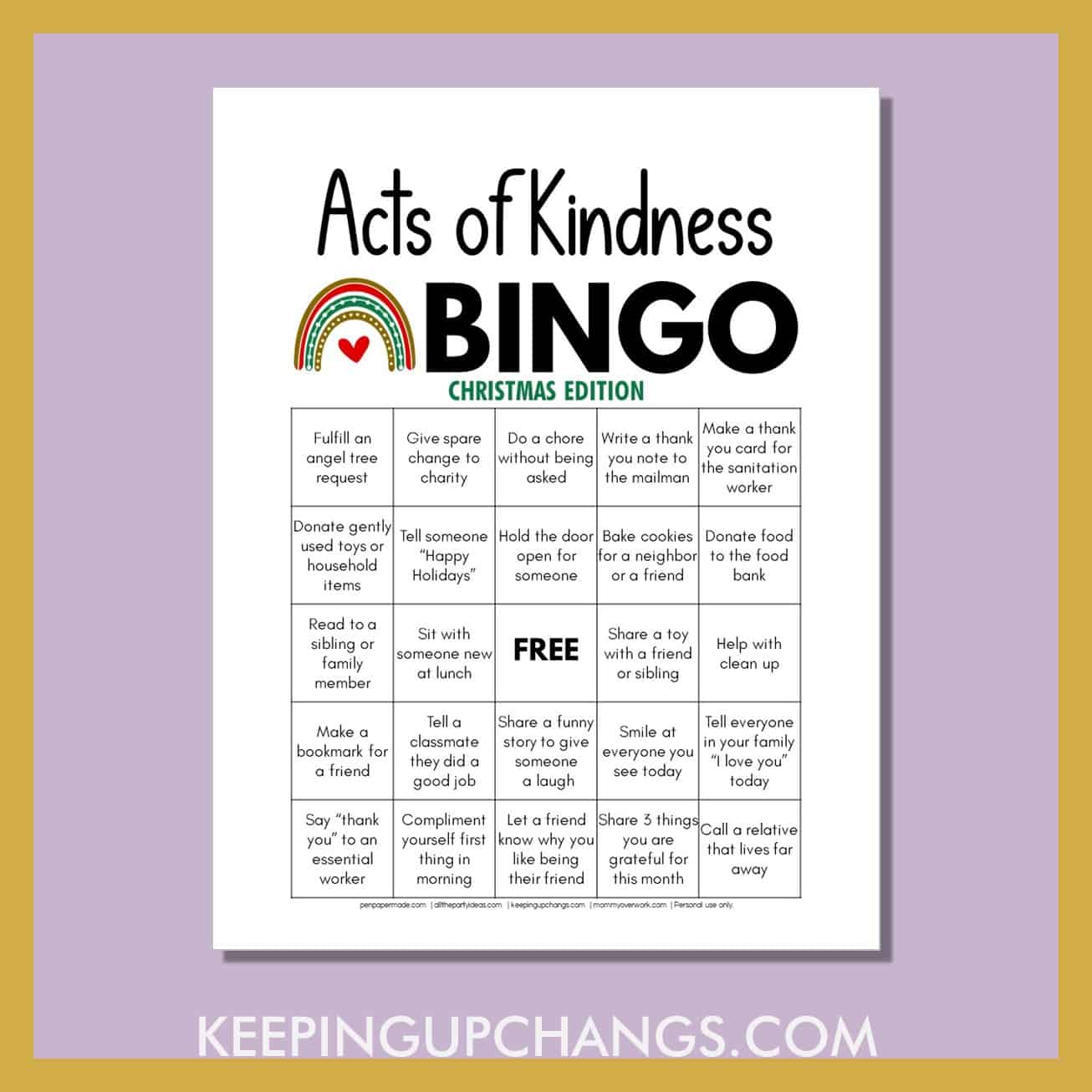 acts of kindness bingo for christmas with fun activities to pay it forward during the holidays.