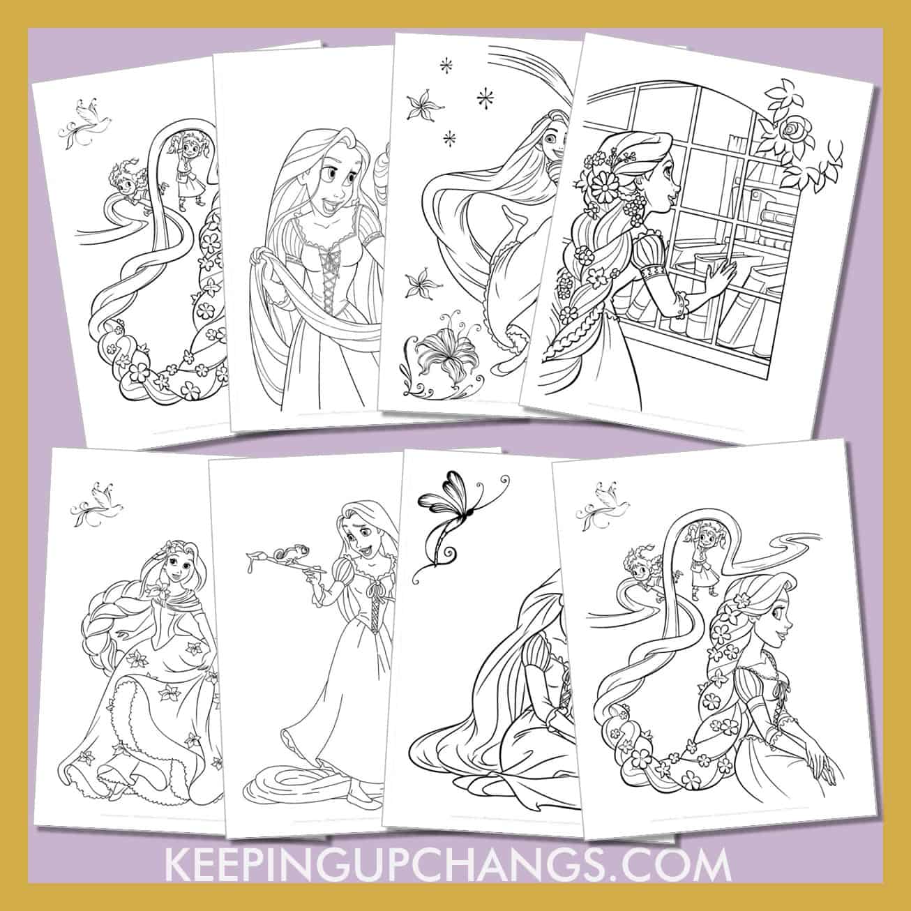 tangled colouring sheets including rapunzel and her long hair, the castle tower, pascal more.