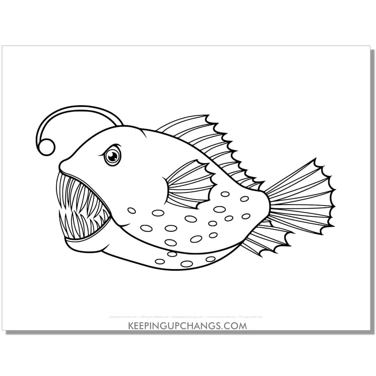free scary anglerfish coloring page, sheet.