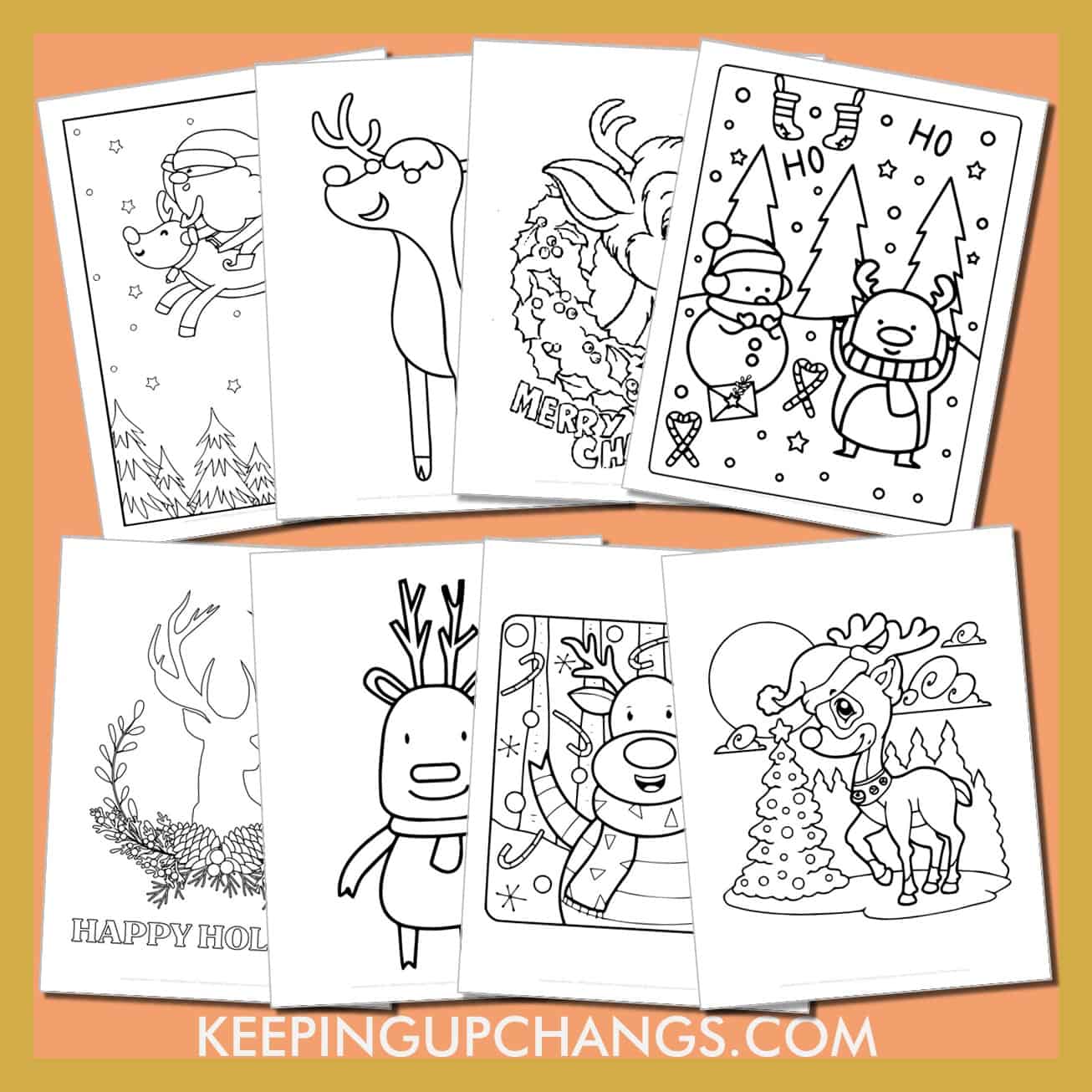 free reindeer colouring sheets including cute, easy, simple and detailed winter christmas designs.
