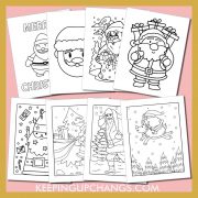 santa colouring sheets including hello kitty, snowman, rudolph reindeer, tree, mrs. claus, and more.