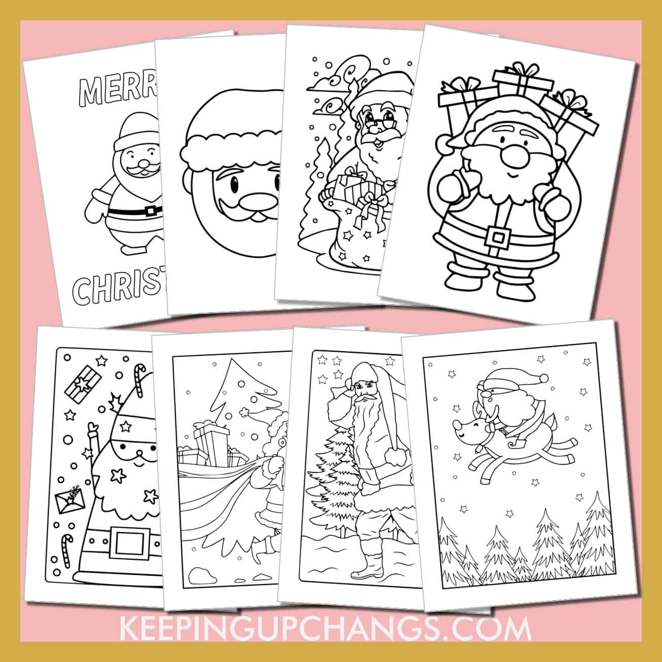 santa colouring sheets including hello kitty, snowman, rudolph reindeer, tree, mrs. claus, and more.