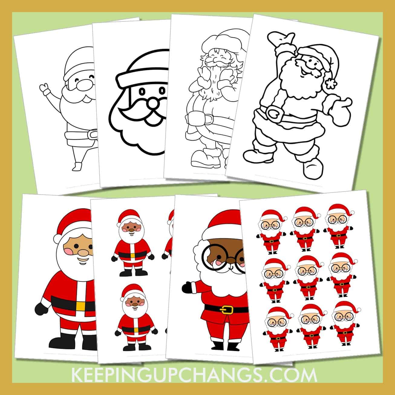 santa outline template stencils for color, black and white cut out in various skin tones.