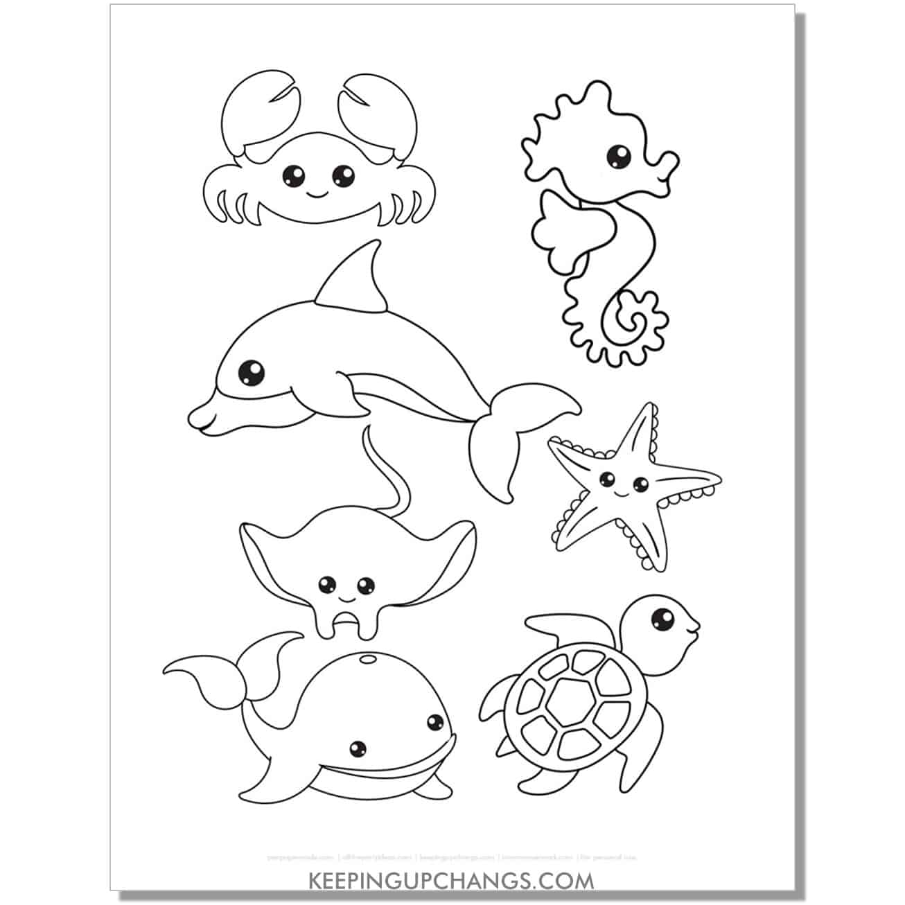 free crab, seahorse, dolphin, starfish, stingray, whale, turtle coloring page, sheet.