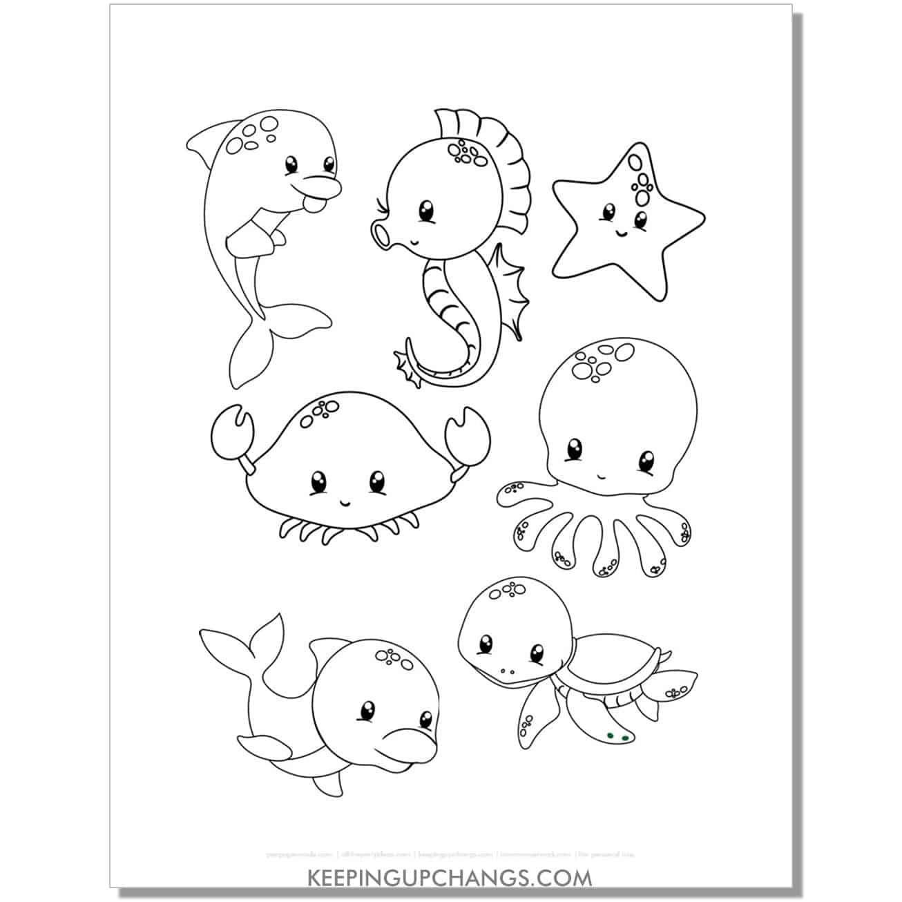 free dolphin, seahorse, starfish, crab, octopus, dolphin, turtle coloring page, sheet.