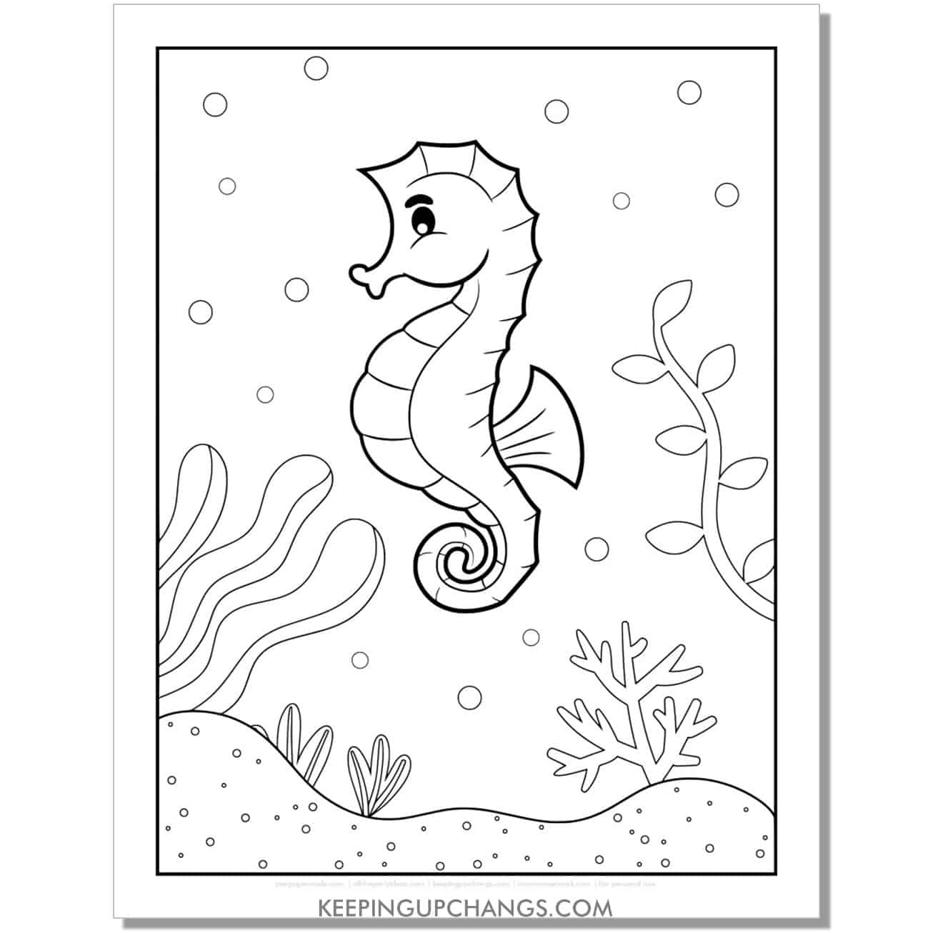 free adorable seahorse in ocean coloring page, sheet.
