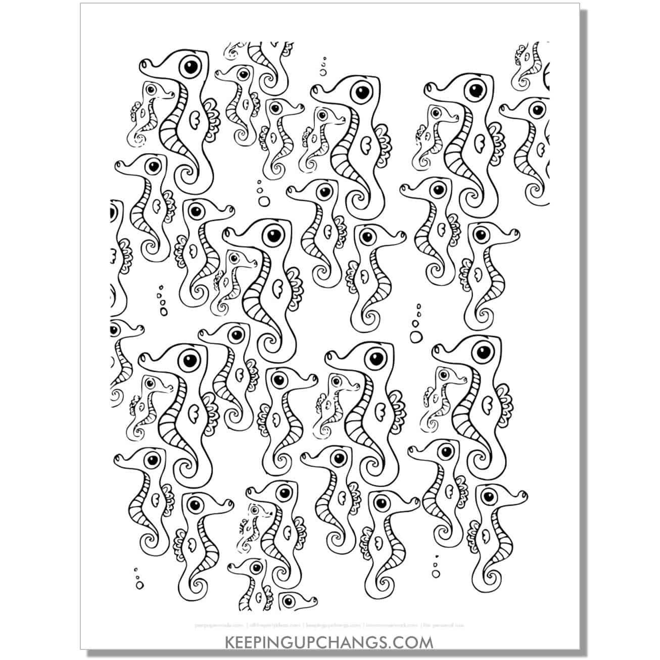 free silly seahorse collage coloring page, sheet.